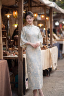 Ivory Floral Jacquard Flared-Sleeve Qipao Dress | Slim Mandarin