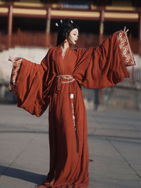 Qinhan Dynasty Hanfu Dress with Wide Sleeves and Vintage Embroidery - Red