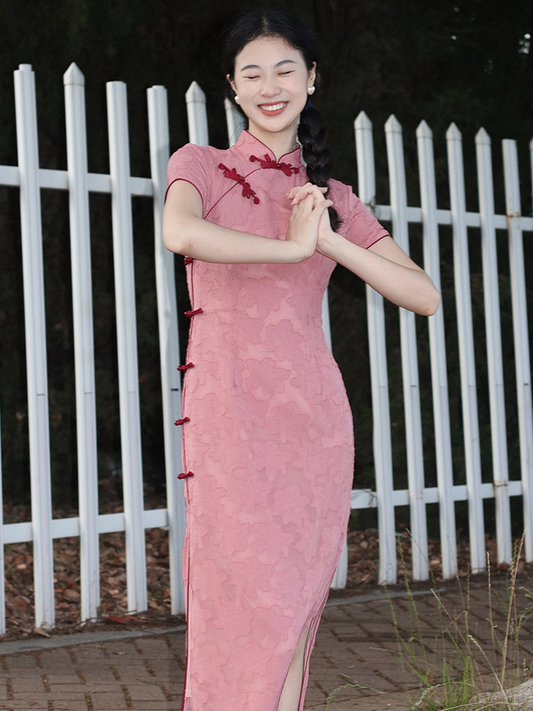 Elegant Pink Floral Cheongsam Dress