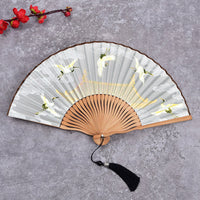 Elegant Japanese Bamboo Folding Fan With Crane Print & Gift Box