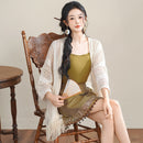 New Chinese Style Three-Piece Set with Embroidered Skirt, Tank Top, and Fringe Cardigan