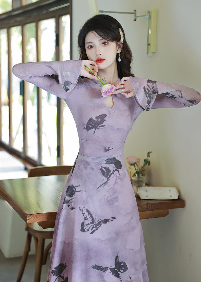 Purple Butterfly Print Short Qipao Dress for Women | Mandarin Collar Frog Buttons Keyhole Long Sleeve Slim Fit
