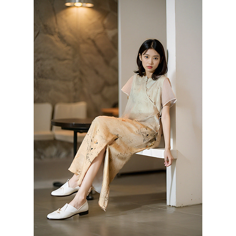 Elegant Floral Printed Hanfu Two-Piece Set with Sheer Overlay