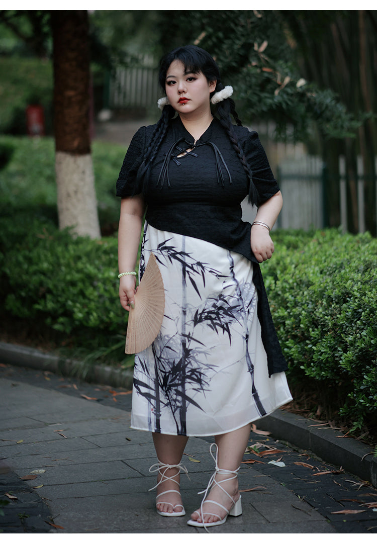 Traditional Black and White Cheongsam Dress Bamboo Print Asymmetrical