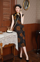 Elegant Black Cheongsam with Floral Prints and Pearl Detailing