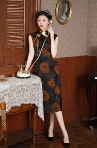 Elegant Black Cheongsam with Floral Prints and Pearl Detailing