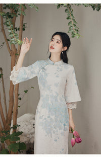 中国蓝花卉夏春旗袍连衣裙