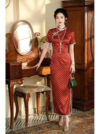 Vintage Red Polka Dot Cheongsam with Pearl Trim and Mandarin Collar