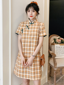 Yellow Plaid Short Cheongsam Dress Casual Vintage Style