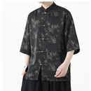 Men's Black Bamboo Print Shirt With Traditional Chinese Style