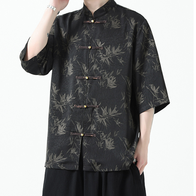 Men's Black Bamboo Print Shirt With Traditional Chinese Style