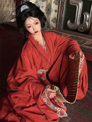 Qinhan Dynasty Hanfu Dress with Wide Sleeves and Vintage Embroidery - Red