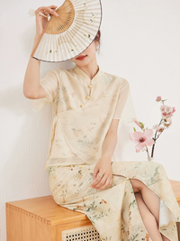 Elegant Floral Printed Hanfu Two-Piece Set with Sheer Overlay