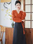 Elegant Hanfu Two-Piece Set – Orange Wrap Top and Black Skirt