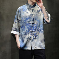 Chinese Vintage Men's Tang Linen Shirt with Bamboo Leaf Embroidery Designs