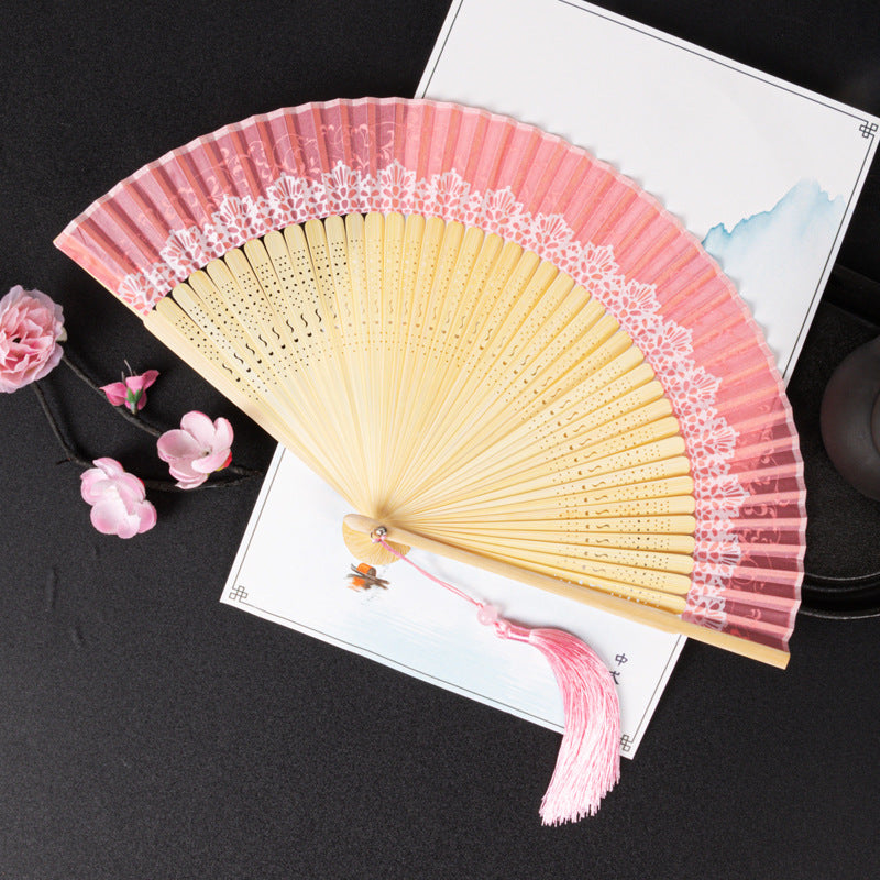 Elegant Pink Lace Folding Fan With Decorative Tassel - Handmade Bamboo Frame