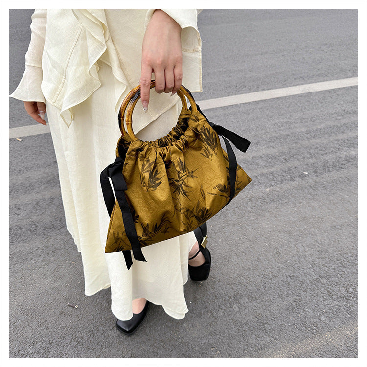 Elegant Bamboo Handle Drawstring Bag For Hanfu and Daily Use