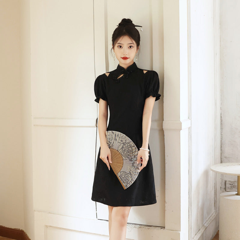 Elegant Black Cheongsam Dress For Women With Vintage Chinese Design