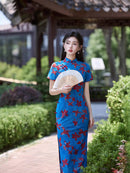 Vintage Blue Qipao Dress | Mandarin Collar Slim Maxi with Side Slit
