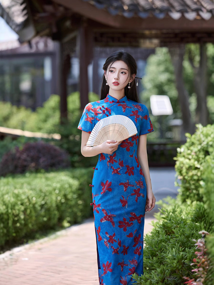 Vintage Blue Qipao Dress | Mandarin Collar Slim Maxi with Side Slit