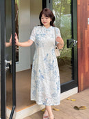 New Chinese Blue-White Jacquard Qipao Dress | Keyhole Mandarin, Short-Sleeve A-line Midi