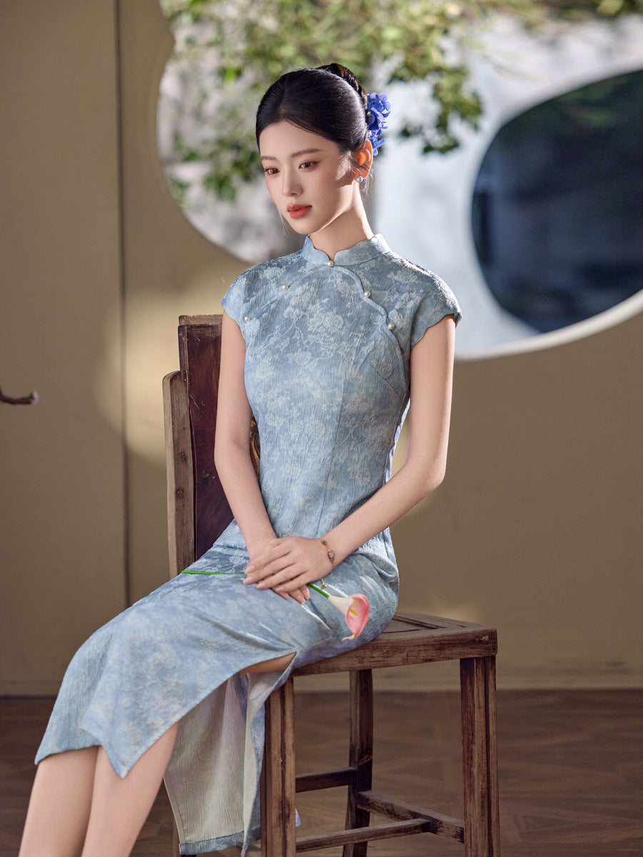 Blue Vintage-Wash Short Sleeve Qipao Maxi Dress | Mandarin Collar Slim Slit Cheongsam