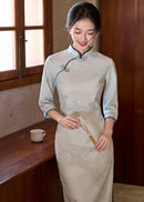 Ice-Blue Jacquard Qipao | 3/4 Sleeve Slim Long Dress