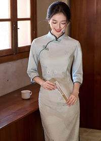 Ice-Blue Jacquard Qipao | 3/4 Sleeve Slim Long Dress