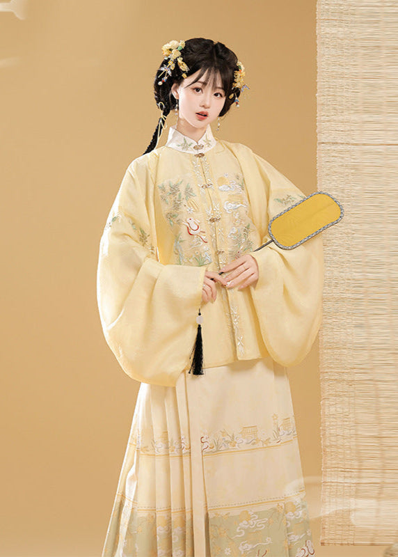 Ming-Style Stand-Collar Embroidered Patch Top & Mamian Skirt Set | Osmanthus Bunny Motif Elegant Hanfu