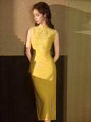 Butter Yellow Floral Embroidered Sleeveless Qipao Maxi Dress