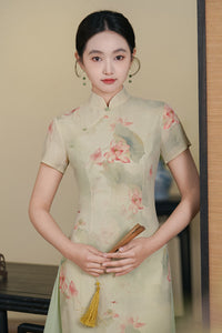 Mint-Green Watercolor Lotus Qipao Midi | Mandarin Short Sleeves