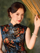 Black Rust Floral Velvet Sleeveless Qipao Dress | Slim Mandarin Midi