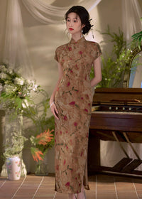 Classic Shanghai Qipao | Summer Cap-Sleeve Mandarin Maxi with Ink Floral