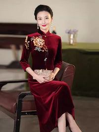 Embroidered Modern Qipao Maxi | Wine Red/Purple/Black | Mandarin Collar 3/4 Sleeves