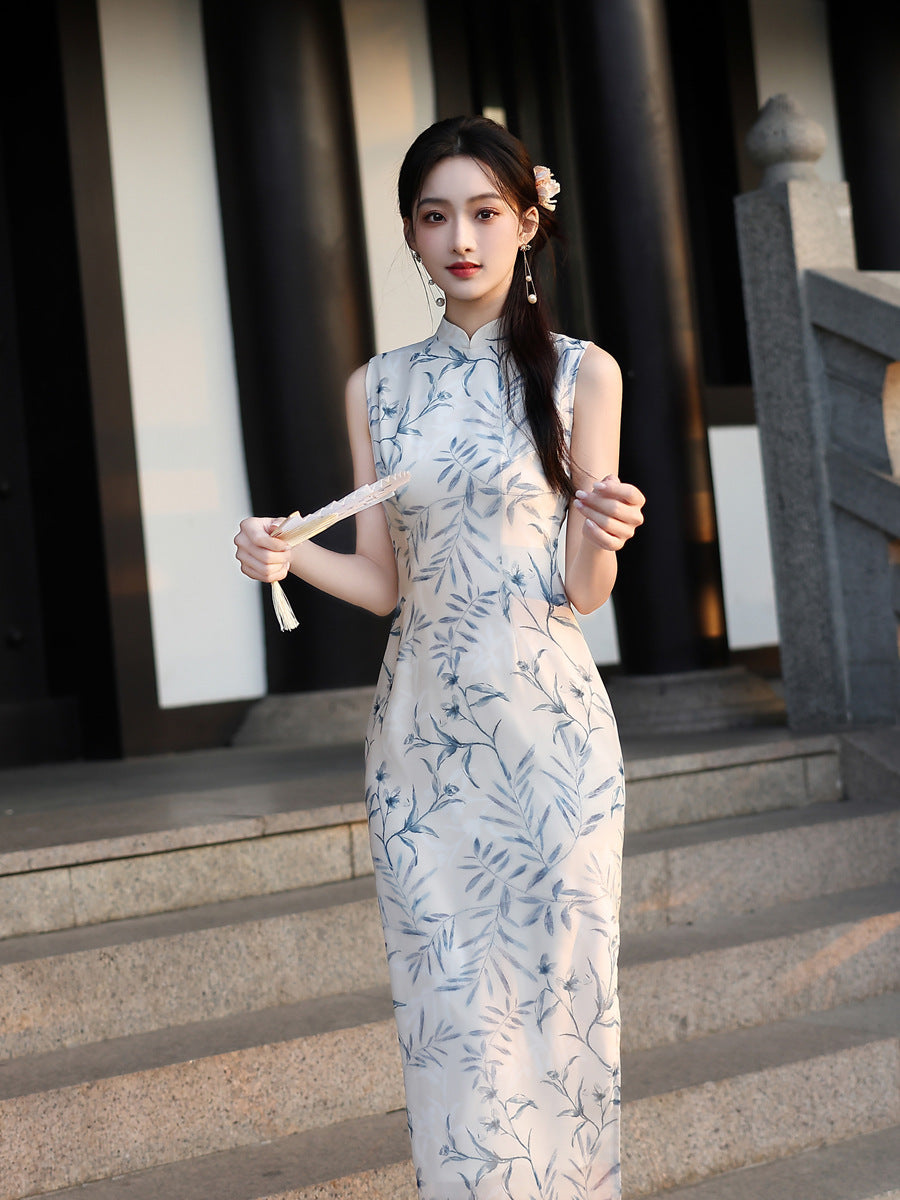 Chinese Vintage Bamboo Leaf Print Qipao | Elegant Slim-Fit Dress