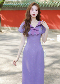 Purple Sailor Bow Midi Qipao Dress | Slim Side-Slit, Retro Sweet