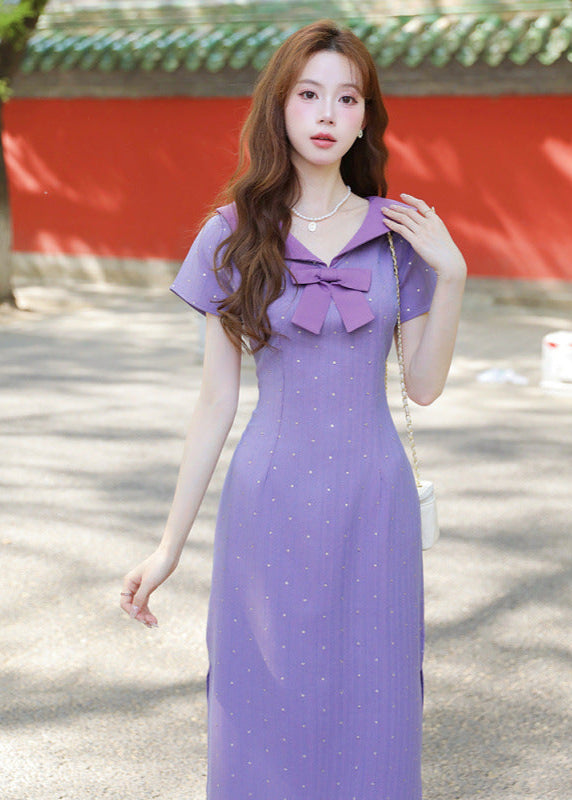 Purple Sailor Bow Midi Qipao Dress | Slim Side-Slit, Retro Sweet