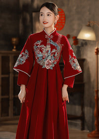 Red Embroidered Maternity Chinese Style Gown | Mandarin Collar 3/4 Sleeves