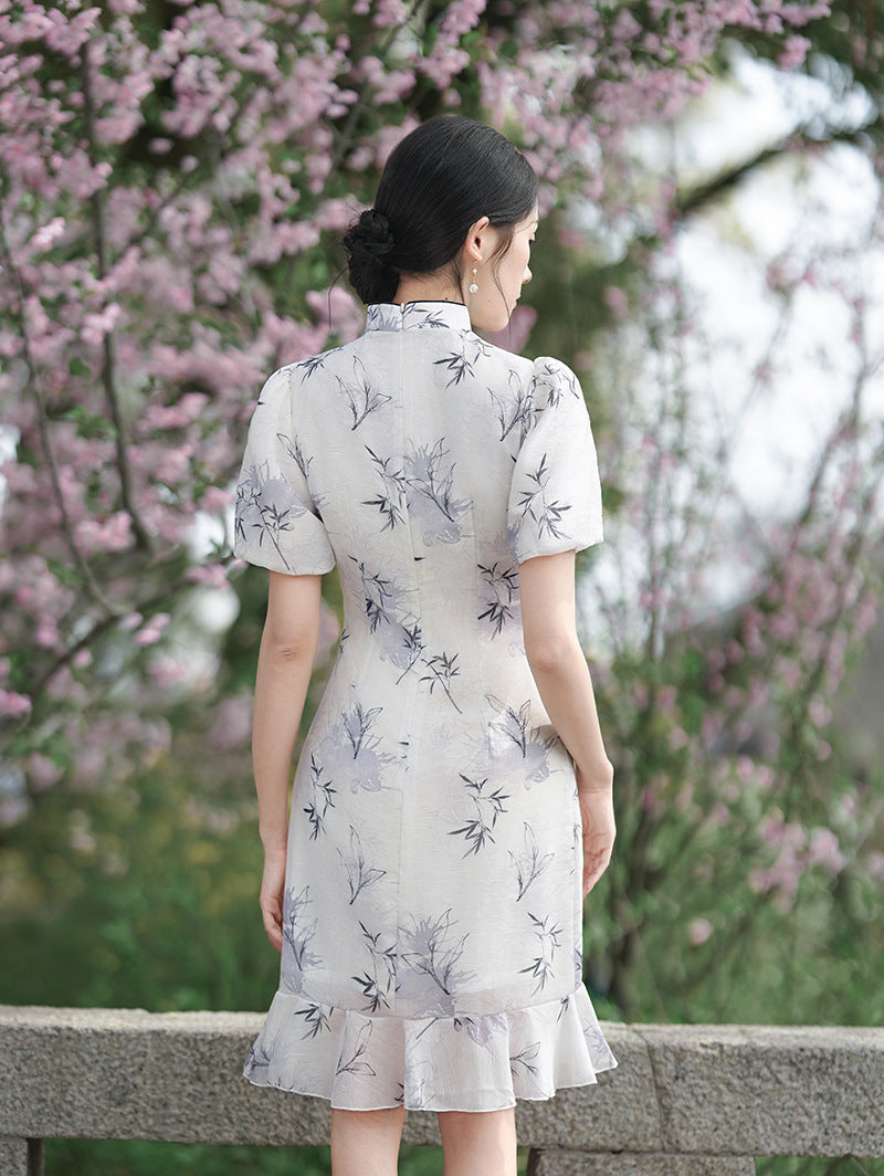 Light Bamboo Leaf Floral Qipao Dress for Women | Mandarin Collar Frog Button Slim Fit with Ruffle Detail