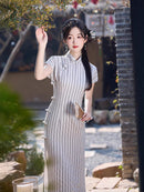 Ivory-Grey Striped Qipao Maxi Dress | Mandarin Collar & Frog Buttons