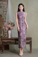 Purple Floral Sleeveless Slim Long Qipao Dress | Mandarin Collar Frog Button Bodycon Side Slit Wedding Banquet Party Gown