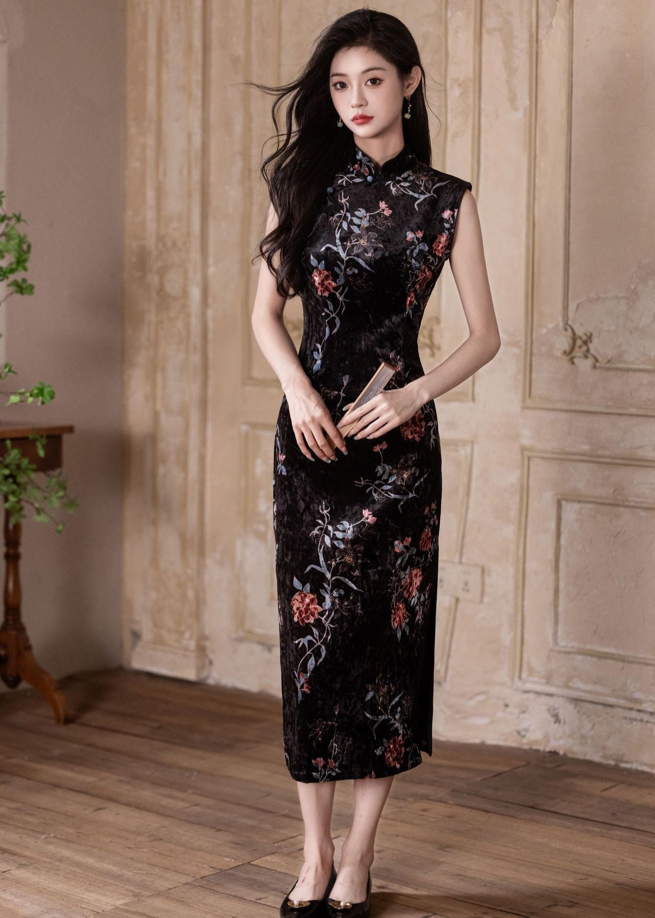 Black Floral Vintage Sleeveless Slim Qipao Gown