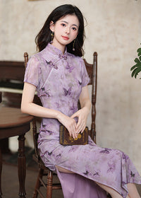 Purple Butterfly Qipao | Slim Mandarin Maxi with Short Sleeves