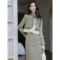 Green Tweed Suit with Ruffled Detail Skirt, Elegant Outfit for Women