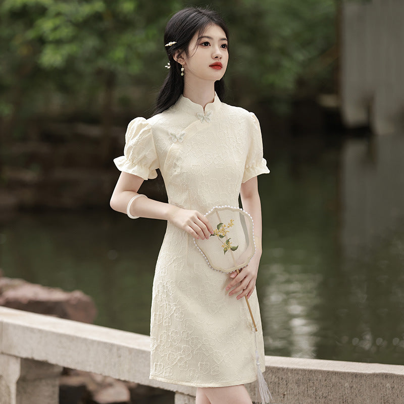 Elegant Black Chinese-Inspired Mini Dress with Puff Sleeves for Women