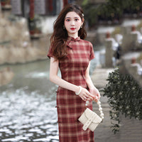 Elegant Plaid Cheongsam Dress Traditional Chinese Qipao for Women