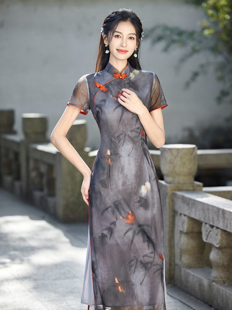 Elegant Sheer Butterfly Cheongsam Hanfu-Inspired Retro Qipao Dress