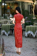 Burgundy Jacquard Qipao Dress Slim Fit Mandarin Collar Midi Cheongsam | Vintage New Chinese Style for Banquet Wedding Date