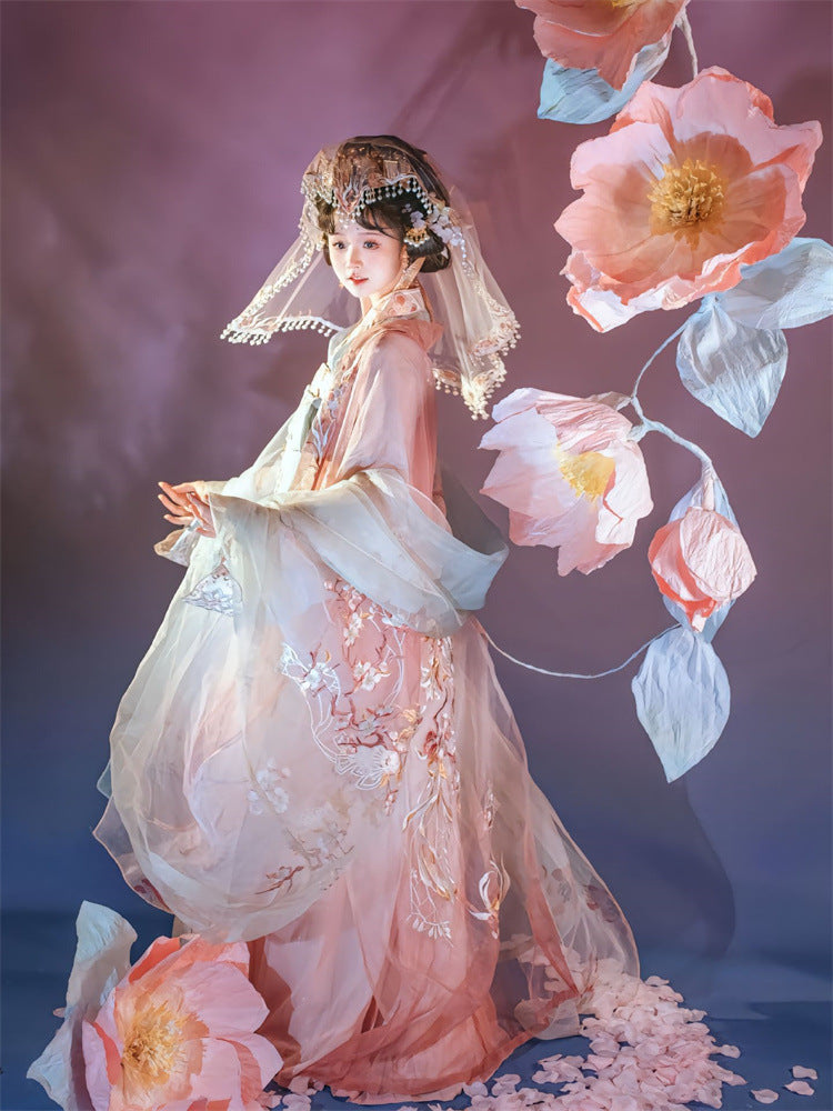 Elegant Hanfu Dress with Floral Embroidery, Soft Pastel Colors