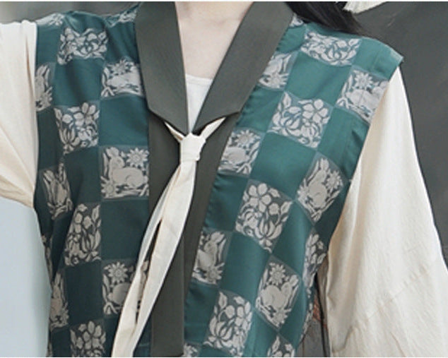 Spring Tang-Style Blouse & Eight-Panel Skirt Set | Deep-Green Patchwork Vest, Lantern Sleeves, High-Waist Flowing Maxi